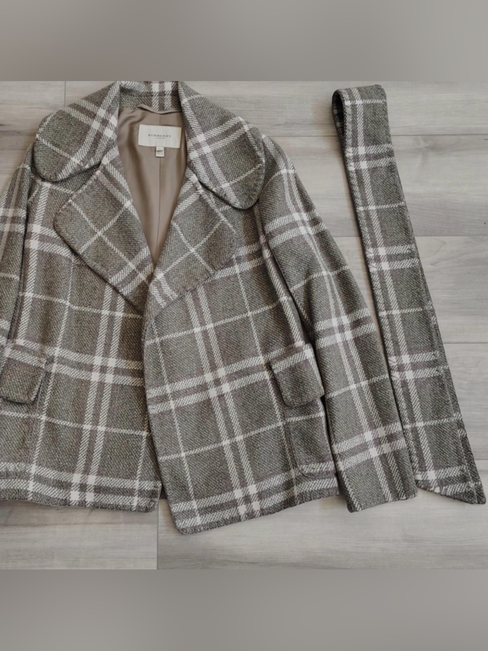 Burberry Gray Taupe Plaid Wool Blazer Jacket
